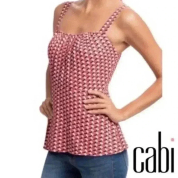 CAbi Size 6 #778 Dream Day Peplim Geometric Tank Top Coral Blue Adjustable Strap - Picture 2 of 5